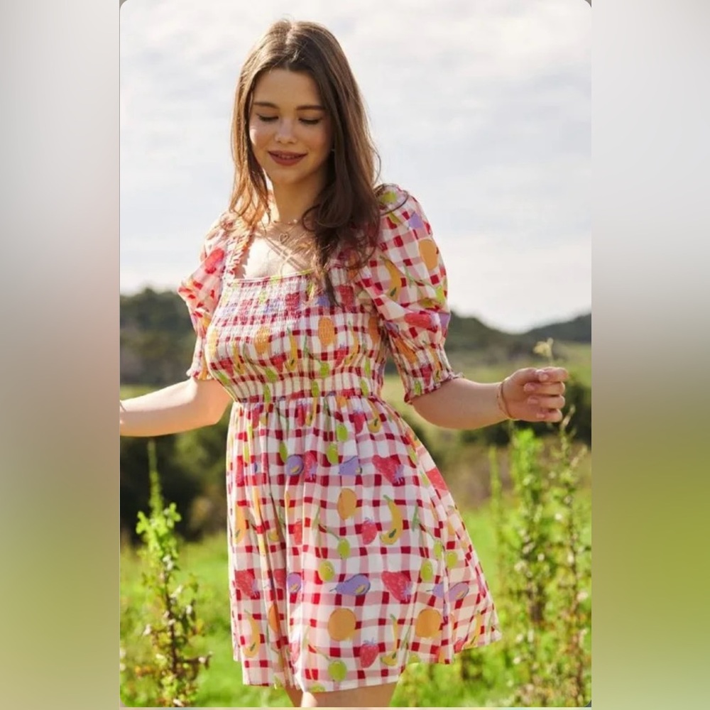 DAVI & DANI Pink Red Yellow Checkered Puff-Sleeve Mini Dress - Picture 4 of 5